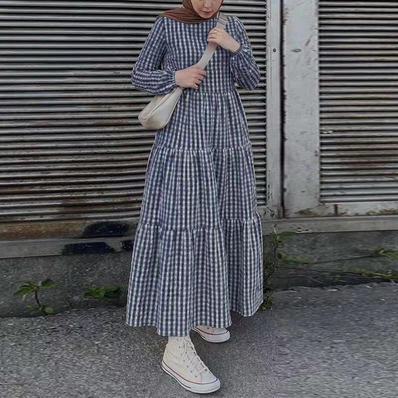 （30% Off Any Two Items）New Plaid Long Sleeve Round Neck Loose Waist Casual Dresses