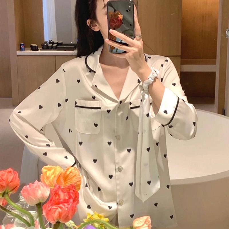 （30% Off Any Two Items）Ice silk pajamas ladies summer long-sleeved new summer air-conditioned room cool feeling spring and autumn home wear suit