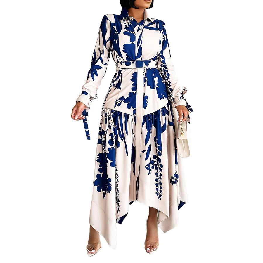 （ 30% off any two items ）New fashionable lapel long sleeve loose printed shirt dress plus size dress