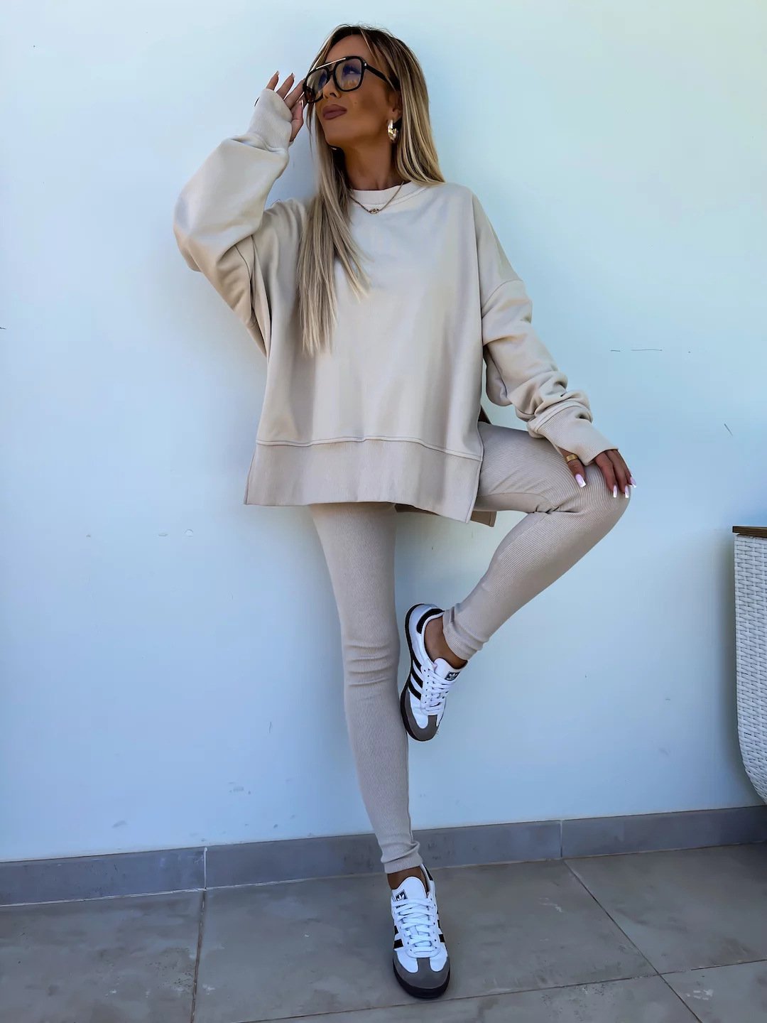 （25% off any two items）New sweatshirt suit casual loose long sleeve round neck slit top tight trousers