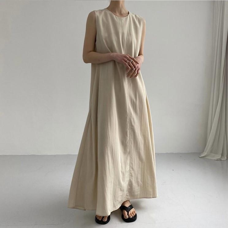 (30% Off Any Two Items) chic style loose hem sleeveless pumpkin long cotton linen dress