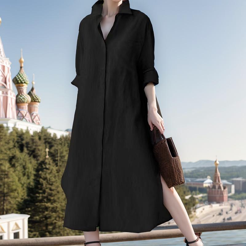 （30% Off Any Two Items）New Solid Color Long Sleeve Cardigan Casual Loose Irregular Split Cotton Linen Long Dresses