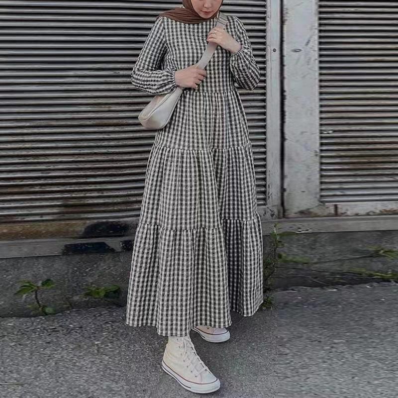 （30% Off Any Two Items）New Plaid Long Sleeve Round Neck Loose Waist Casual Dresses