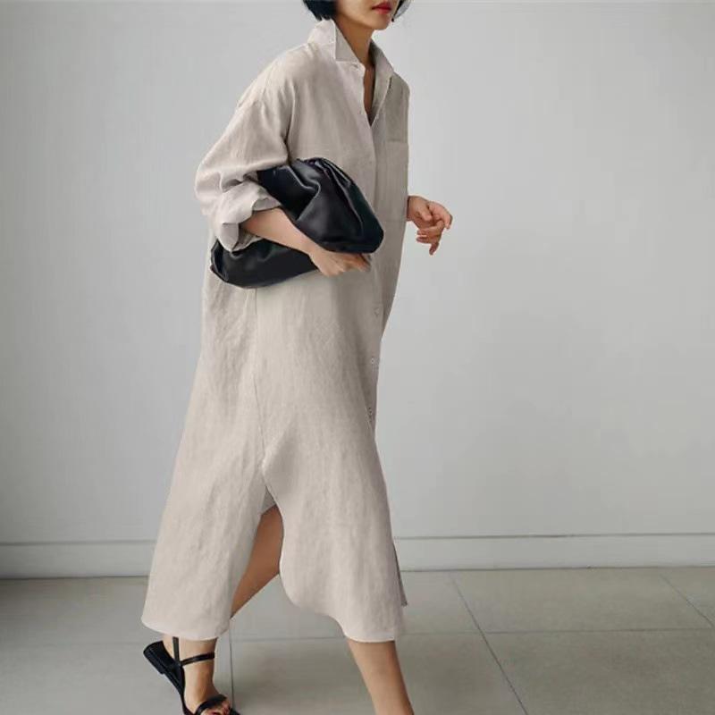 （30% Off Any Two Items）New Solid Color Long Sleeve Cardigan Casual Loose Irregular Split Cotton Linen Long Dresses