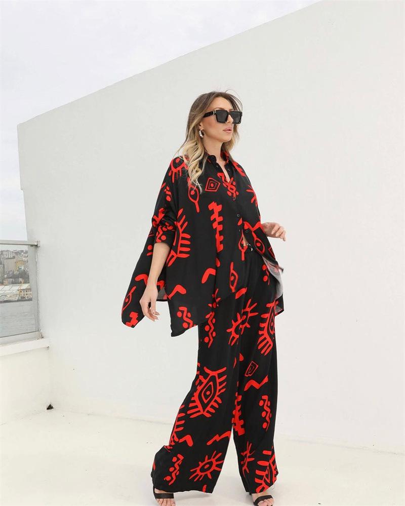 (Any two pieces 30% off) 2024 new fashion printing loose top tie high waist wide leg trousers two-piece set