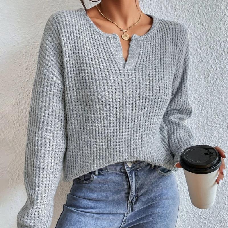 Autumn and winter V-neck sweater solid color loose pullover women's knitwear