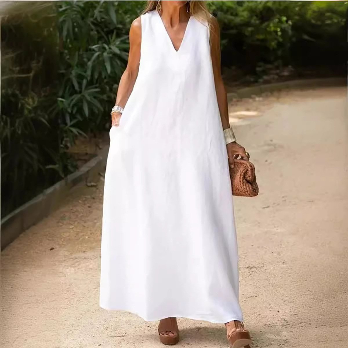 （30% Off Any Two Items）New Deep V-neck Sleeveless Long Solid Color Cotton Linen Dresses Casual