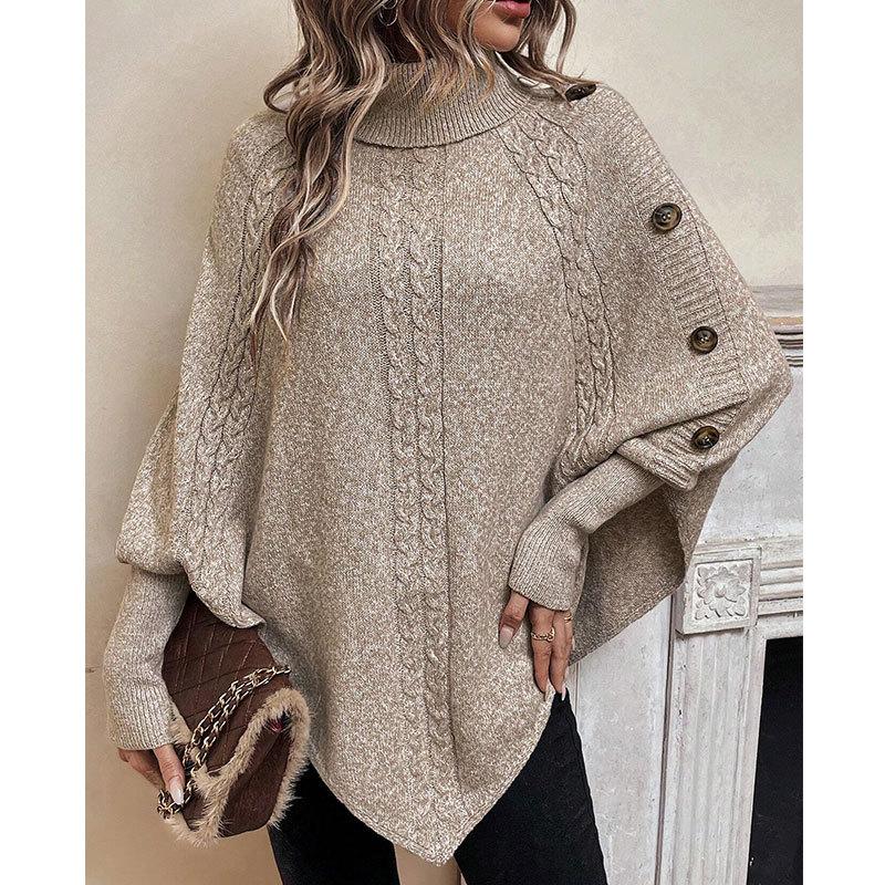 Autumn and winter new stranded flower women's sweater fashion high neck button long sleeve bat sweater