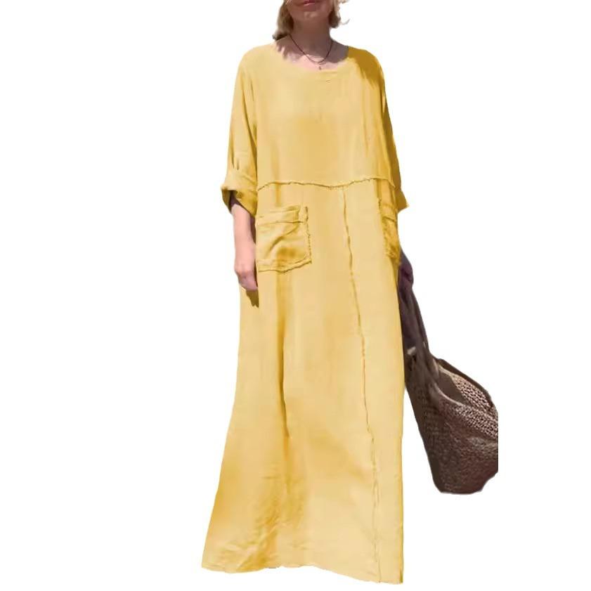 （30% Off Any Two Items）Solid Color Round Neck Cotton Linen Long Sleeve Casual Pleated Double Side Pocket Dress