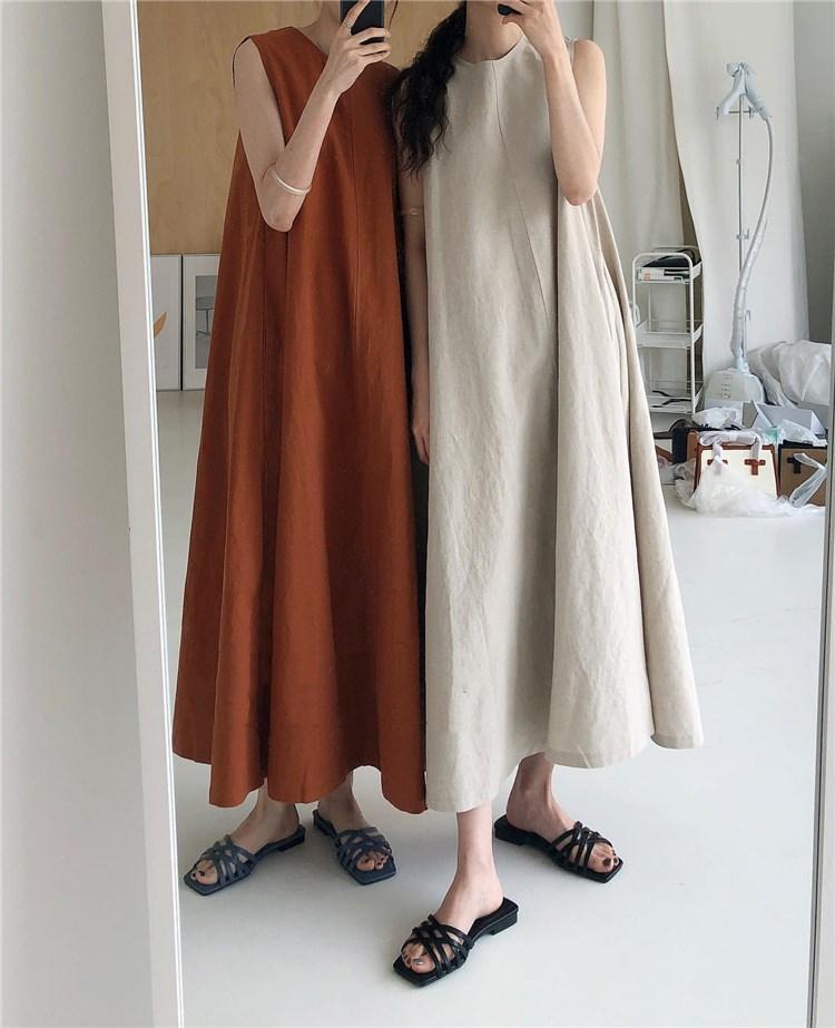 (30% Off Any Two Items) chic style loose hem sleeveless pumpkin long cotton linen dress