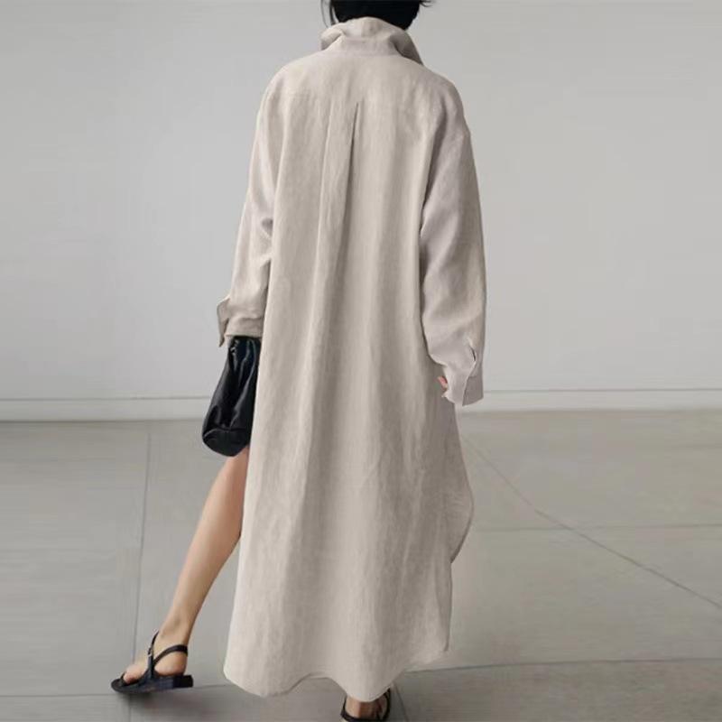 （30% Off Any Two Items）New Solid Color Long Sleeve Cardigan Casual Loose Irregular Split Cotton Linen Long Dresses