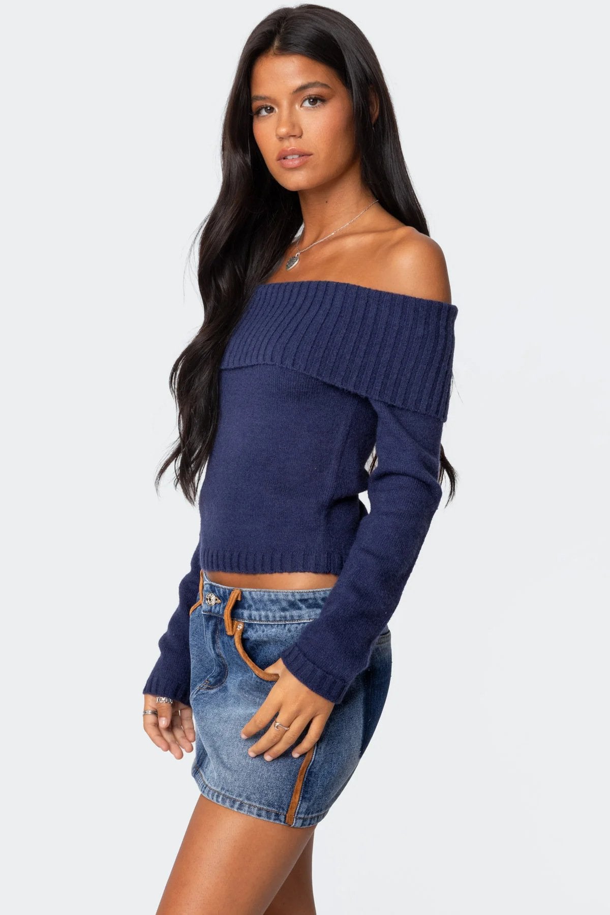 Autumn and winter new knitted tops women's solid color one-color collar strapless long-sleeved pullover sweater women