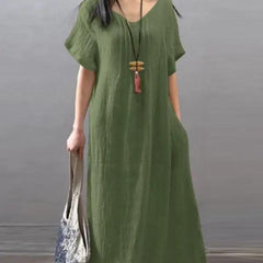 (30% Off Any Two Items) V-neck cotton linen loose casual solid colour pocket dress