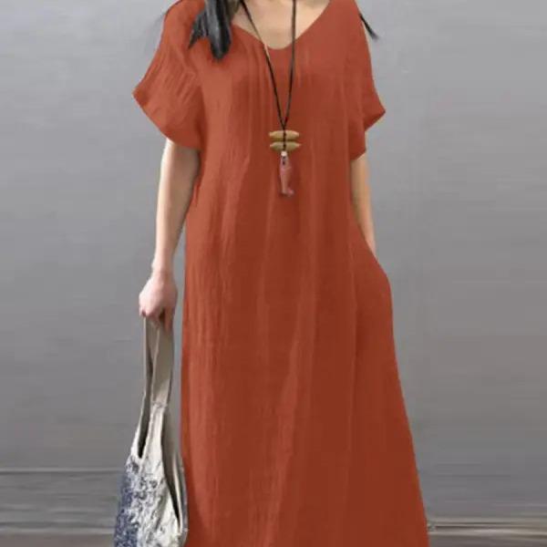 (30% Off Any Two Items) V-neck cotton linen loose casual solid colour pocket dress