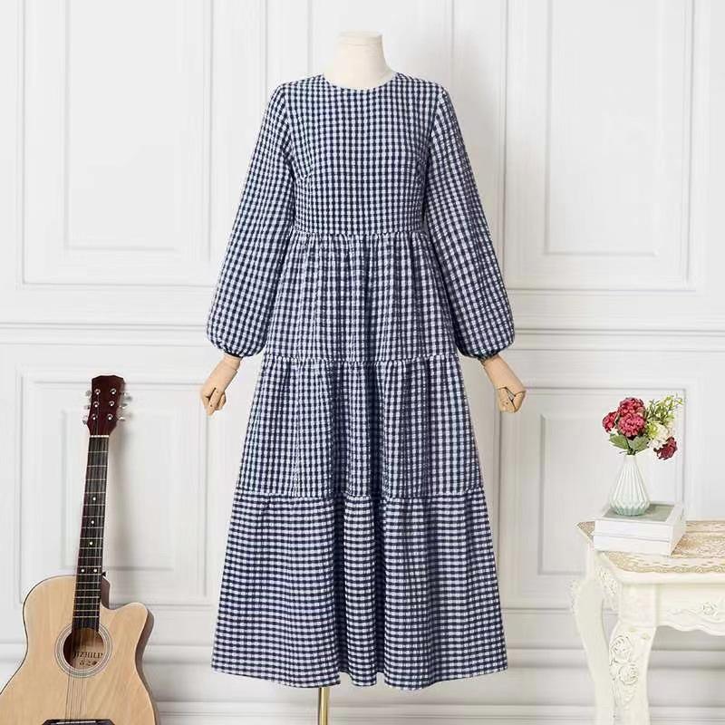 （30% Off Any Two Items）New Plaid Long Sleeve Round Neck Loose Waist Casual Dresses