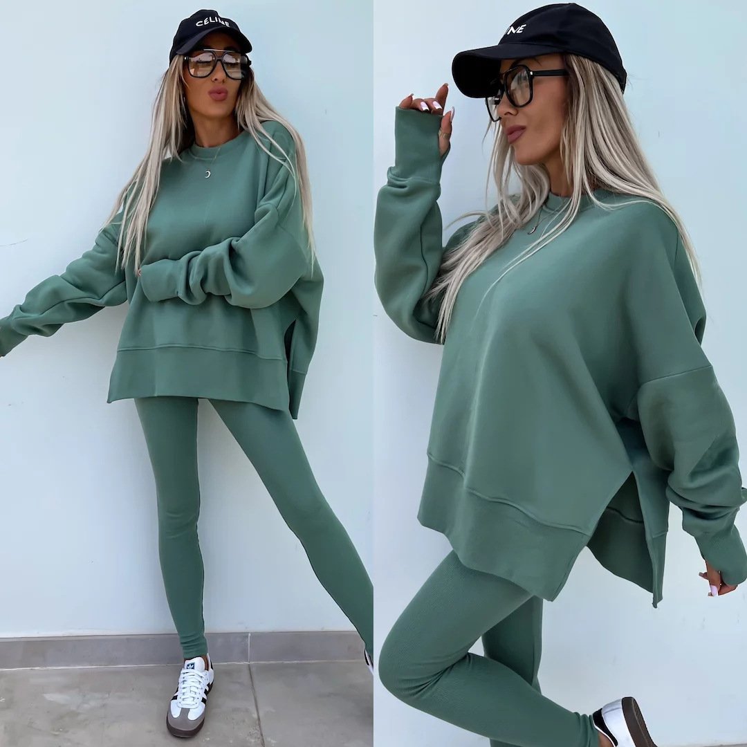 （25% off any two items）New sweatshirt suit casual loose long sleeve round neck slit top tight trousers