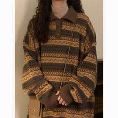 New retro lazy style loose striped pullover sweater