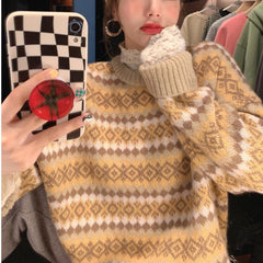 Retro jacquard diamond lattice elastic head knit sweater female students new fall and winter outside wear lazy wind