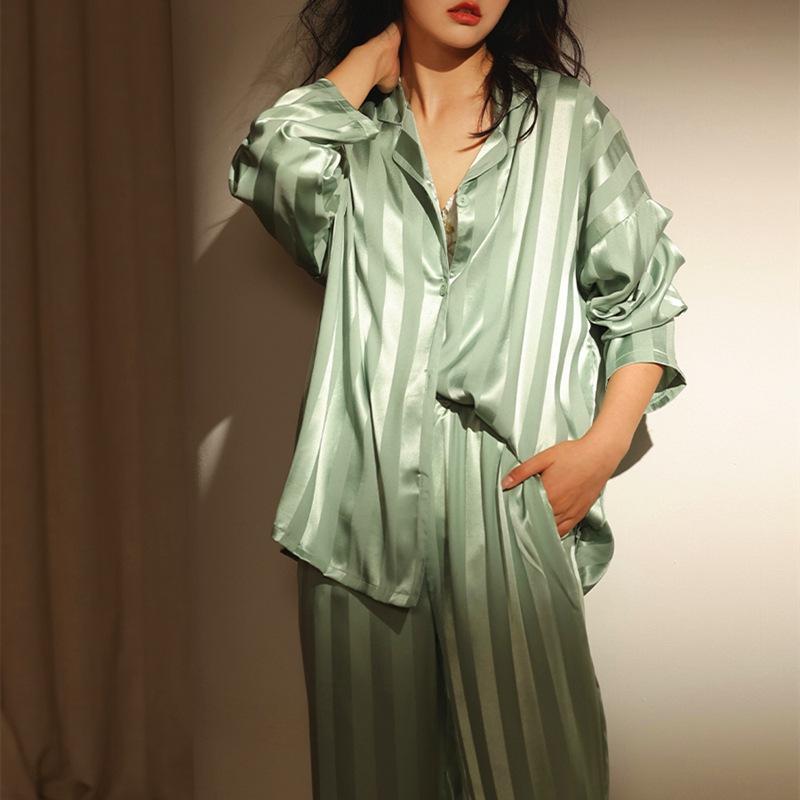 （30% Off Any Two Items）Ice silk pajamas ladies summer long-sleeved new summer air-conditioned room cool feeling spring and autumn home wear suit