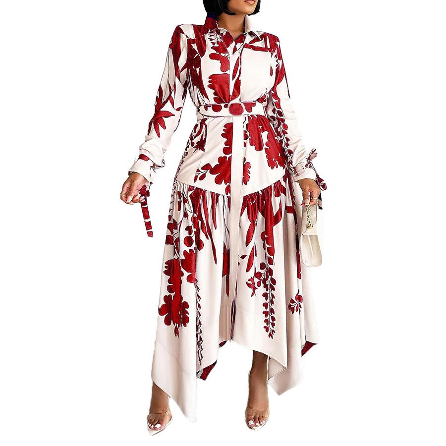 （ 30% off any two items ）New fashionable lapel long sleeve loose printed shirt dress plus size dress