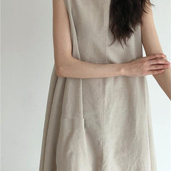 (30% Off Any Two Items) chic style loose hem sleeveless pumpkin long cotton linen dress