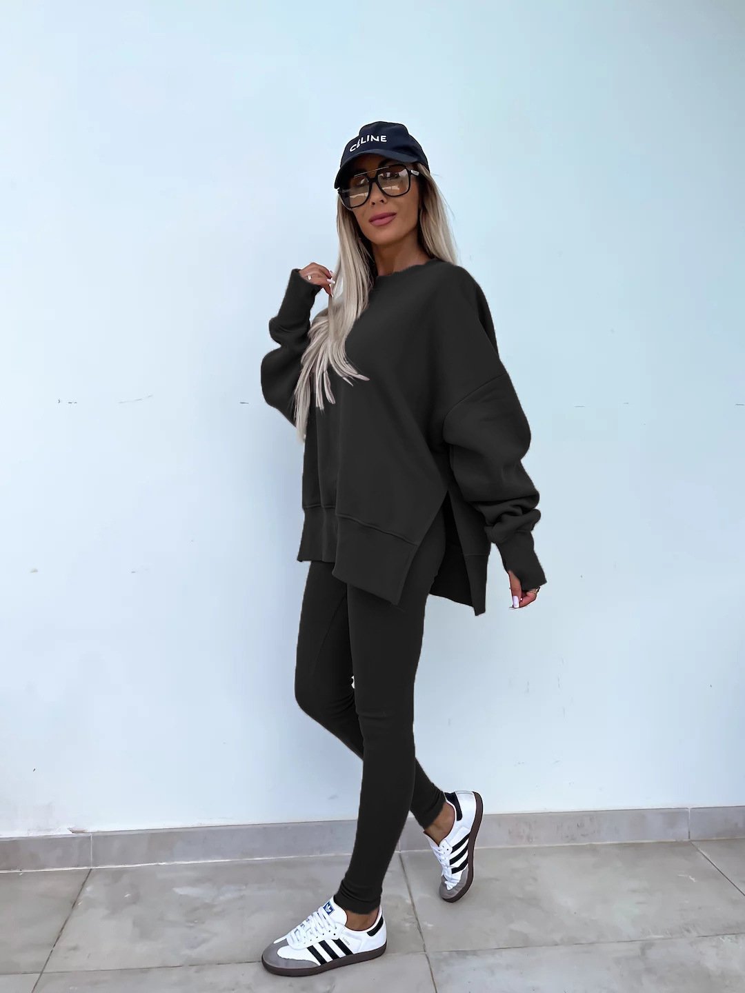 （25% off any two items）New sweatshirt suit casual loose long sleeve round neck slit top tight trousers