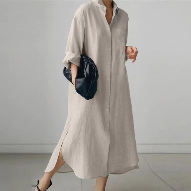 （30% Off Any Two Items）New Solid Color Long Sleeve Cardigan Casual Loose Irregular Split Cotton Linen Long Dresses