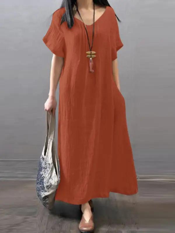 (30% Off Any Two Items) V-neck cotton linen loose casual solid colour pocket dress