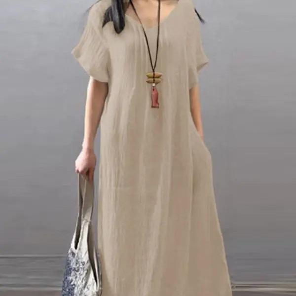 (30% Off Any Two Items) V-neck cotton linen loose casual solid colour pocket dress