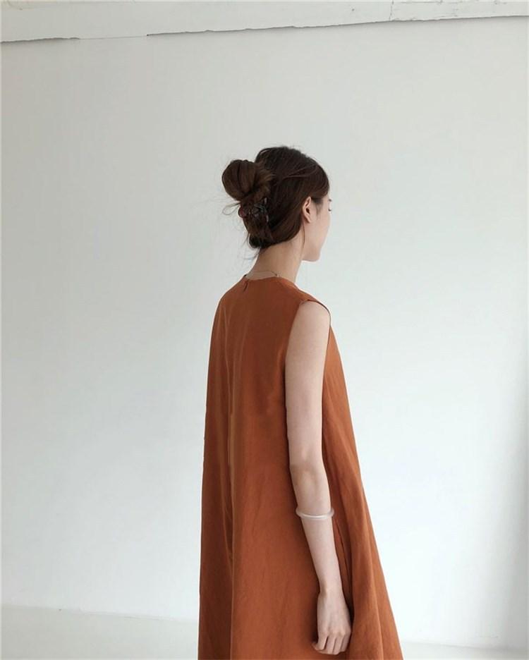 (30% Off Any Two Items) chic style loose hem sleeveless pumpkin long cotton linen dress