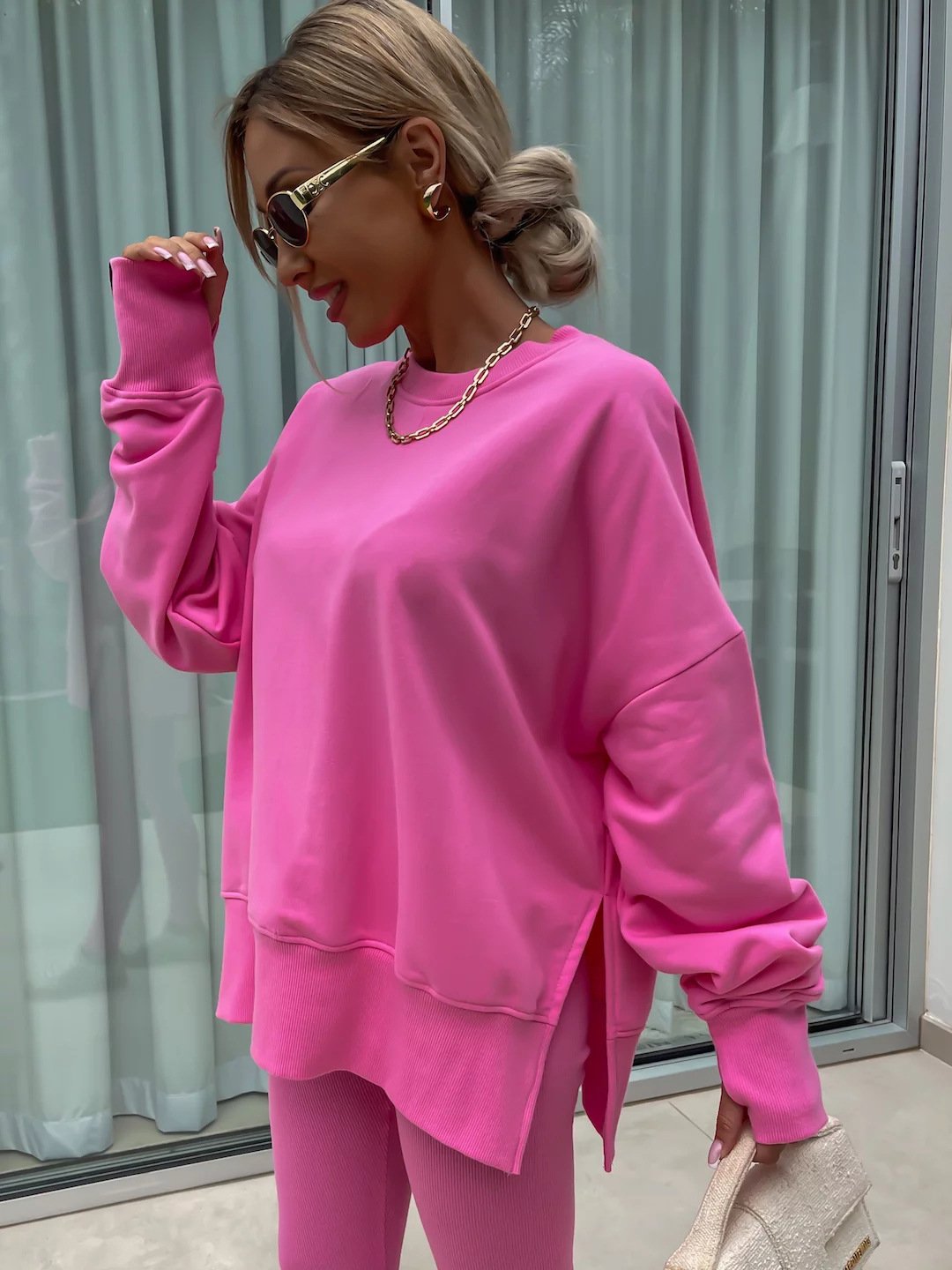 （25% off any two items）New sweatshirt suit casual loose long sleeve round neck slit top tight trousers