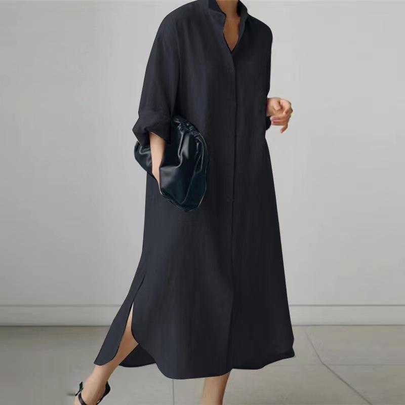 （30% Off Any Two Items）New Solid Color Long Sleeve Cardigan Casual Loose Irregular Split Cotton Linen Long Dresses