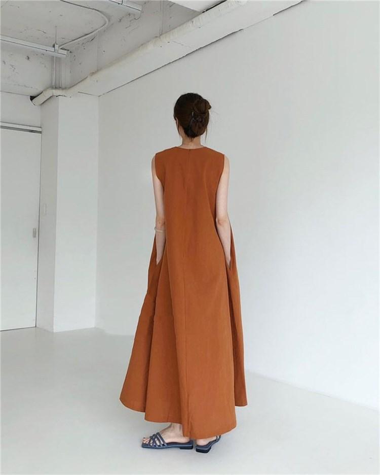 (30% Off Any Two Items) chic style loose hem sleeveless pumpkin long cotton linen dress