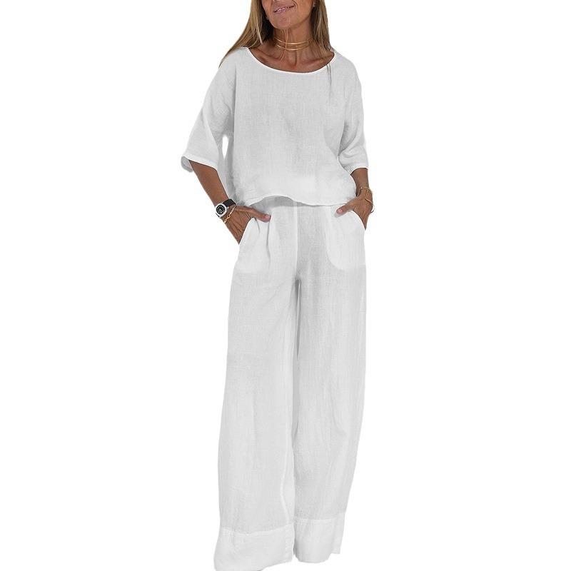 (30% off any two pieces)Casual Fashion Pocket Trousers Beach Suit Spring And Summer Short-sleeved Top Pullover Suit Women's Cotton And Linen Solid Color Two Pieces