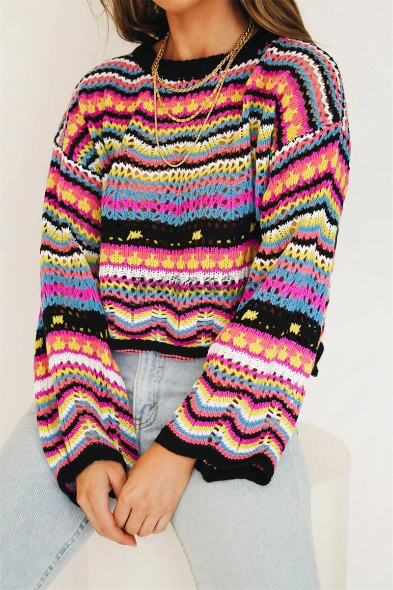 Autumn and winter new splicing knit sweater loose inter-color round neck striped sweater women