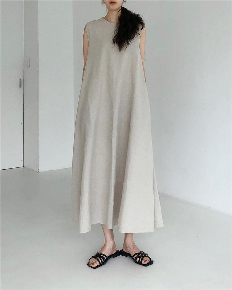 (30% Off Any Two Items) chic style loose hem sleeveless pumpkin long cotton linen dress