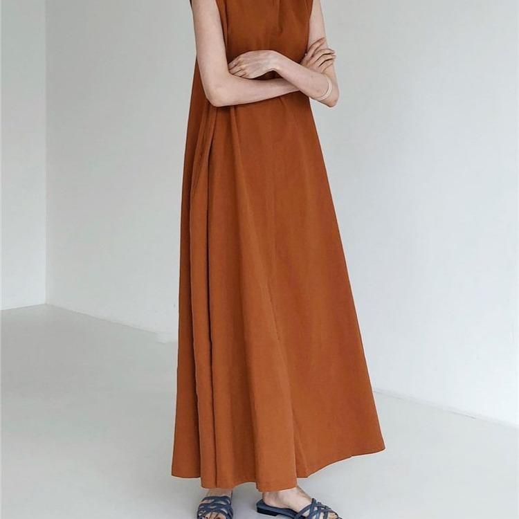 (30% Off Any Two Items) chic style loose hem sleeveless pumpkin long cotton linen dress