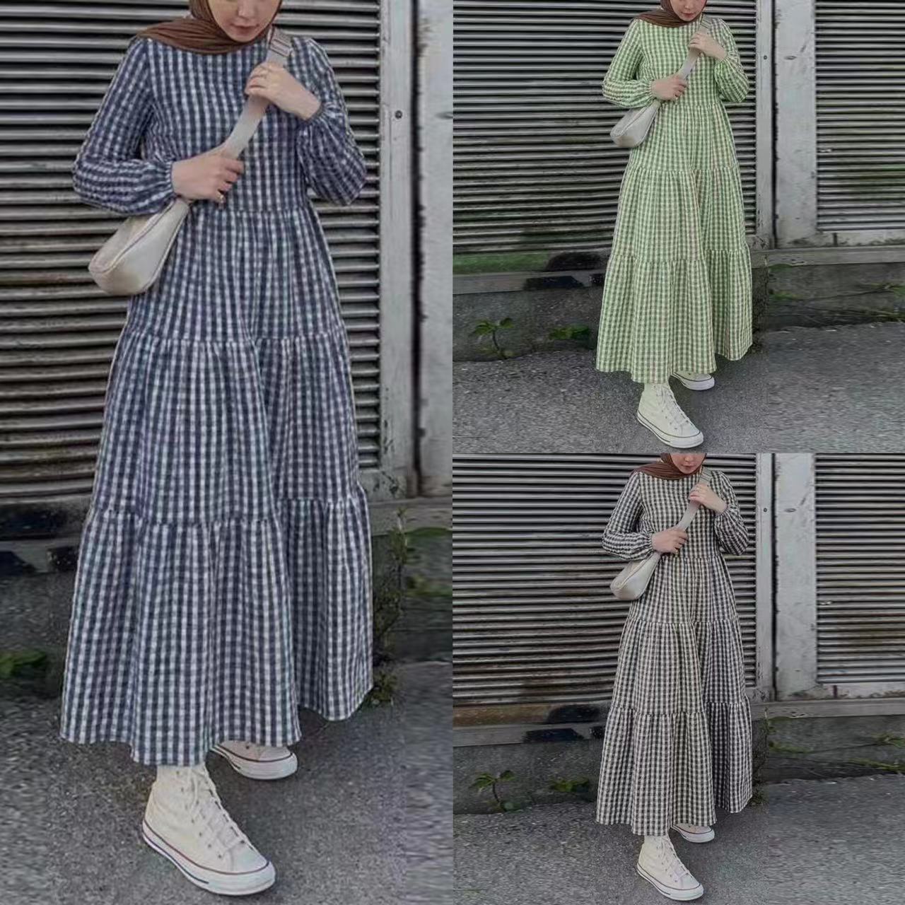 （30% Off Any Two Items）New Plaid Long Sleeve Round Neck Loose Waist Casual Dresses