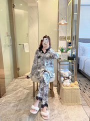 （30% Off Any Two Items）New women's pajamas ice silk long-sleeved silk thin section of the spring and fall home clothing suit