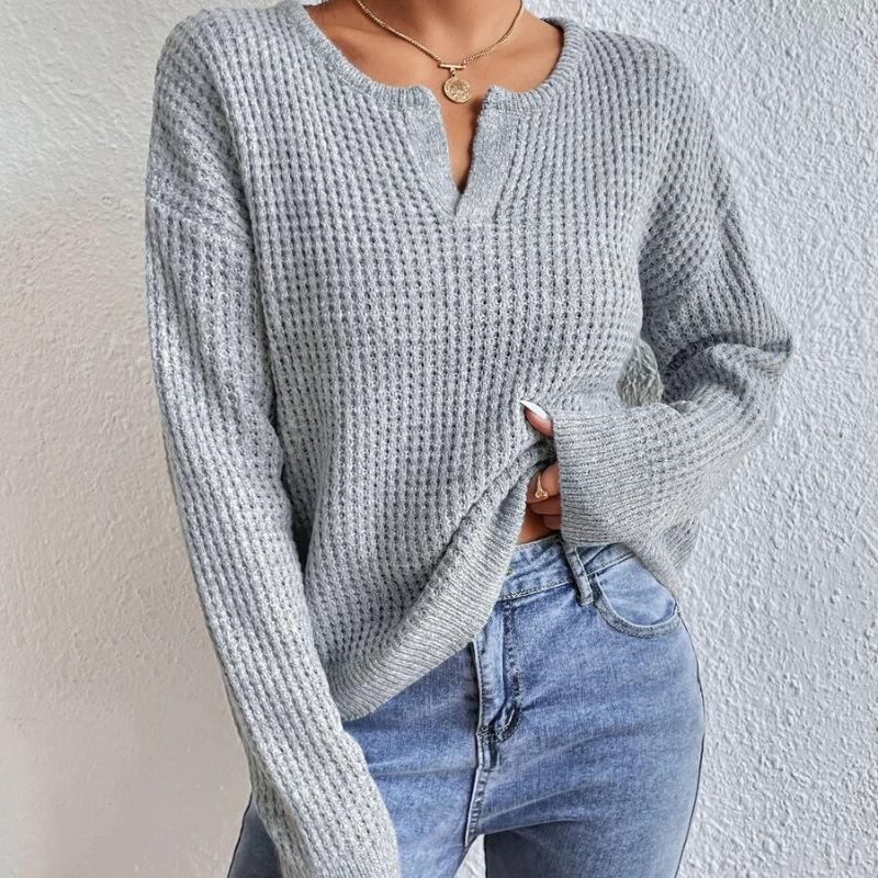 Autumn and winter V-neck sweater solid color loose pullover women's knitwear