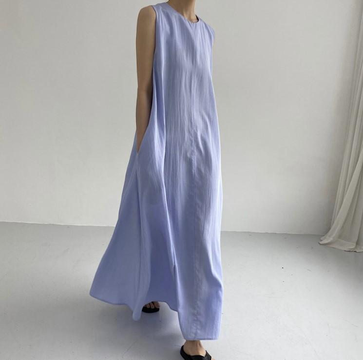 (30% Off Any Two Items) chic style loose hem sleeveless pumpkin long cotton linen dress