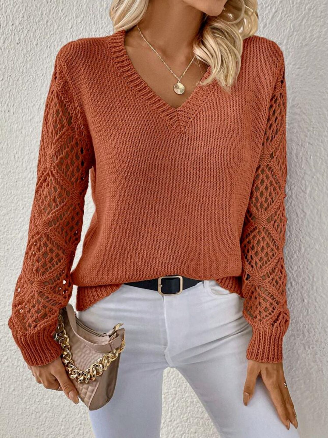 Solid Color V-Neck Mesh Sleeve Knit Pullover Sweater