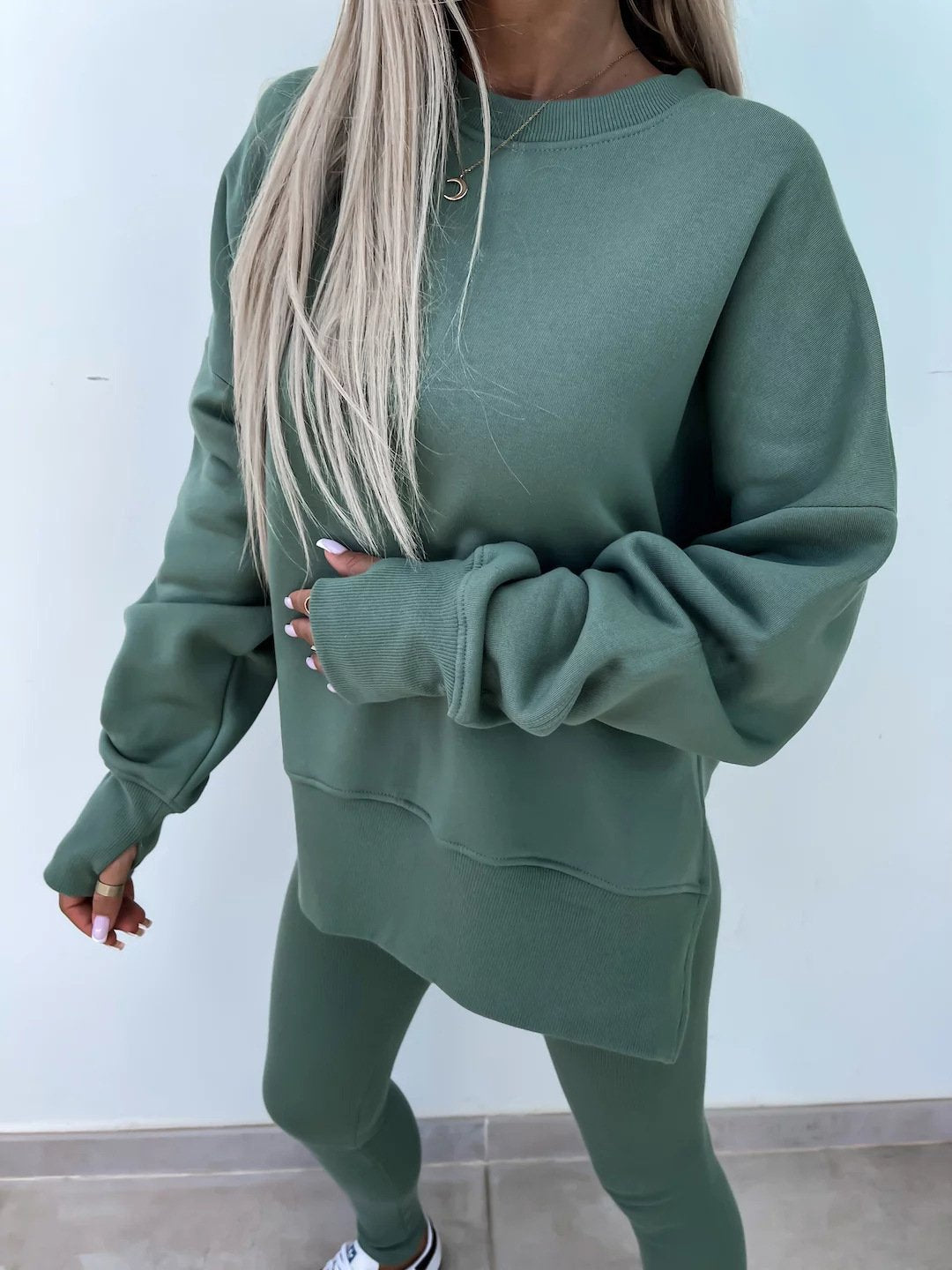 （25% off any two items）New sweatshirt suit casual loose long sleeve round neck slit top tight trousers