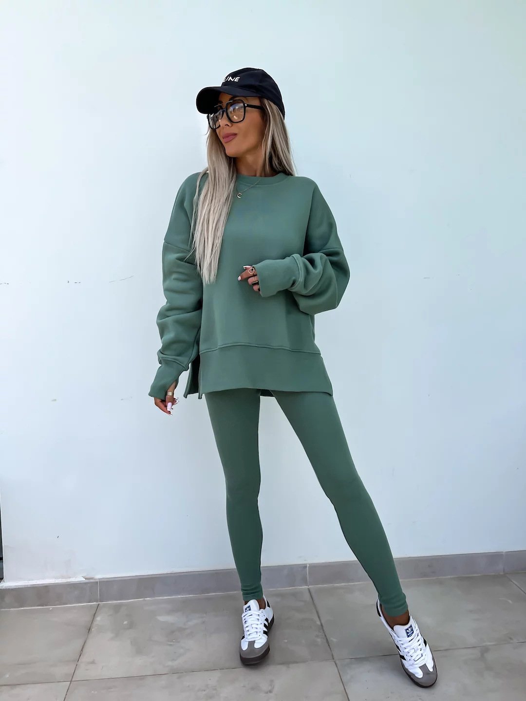 （25% off any two items）New sweatshirt suit casual loose long sleeve round neck slit top tight trousers