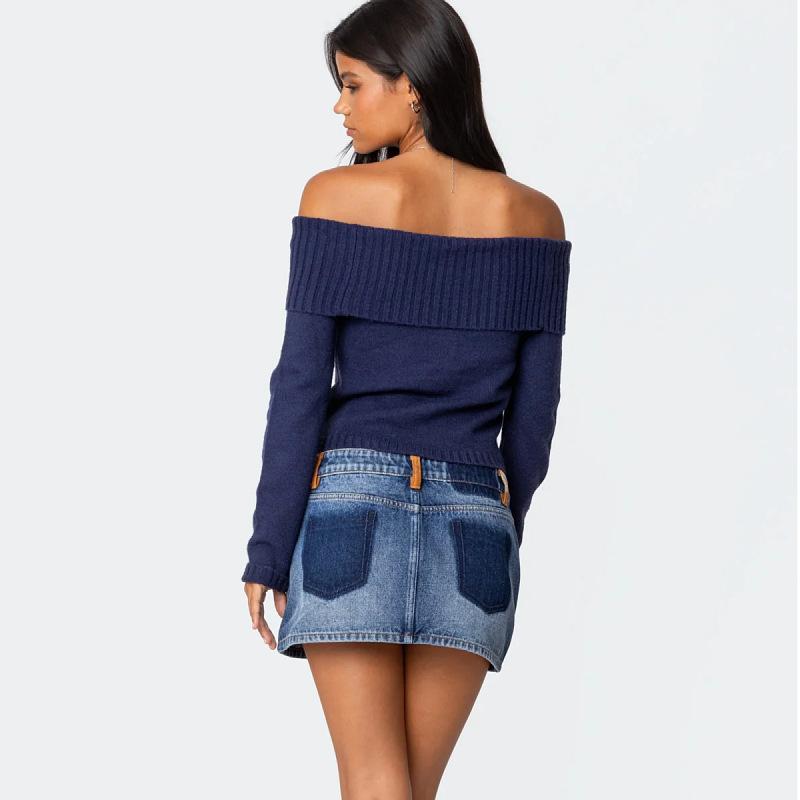 Autumn and winter new knitted tops women's solid color one-color collar strapless long-sleeved pullover sweater women