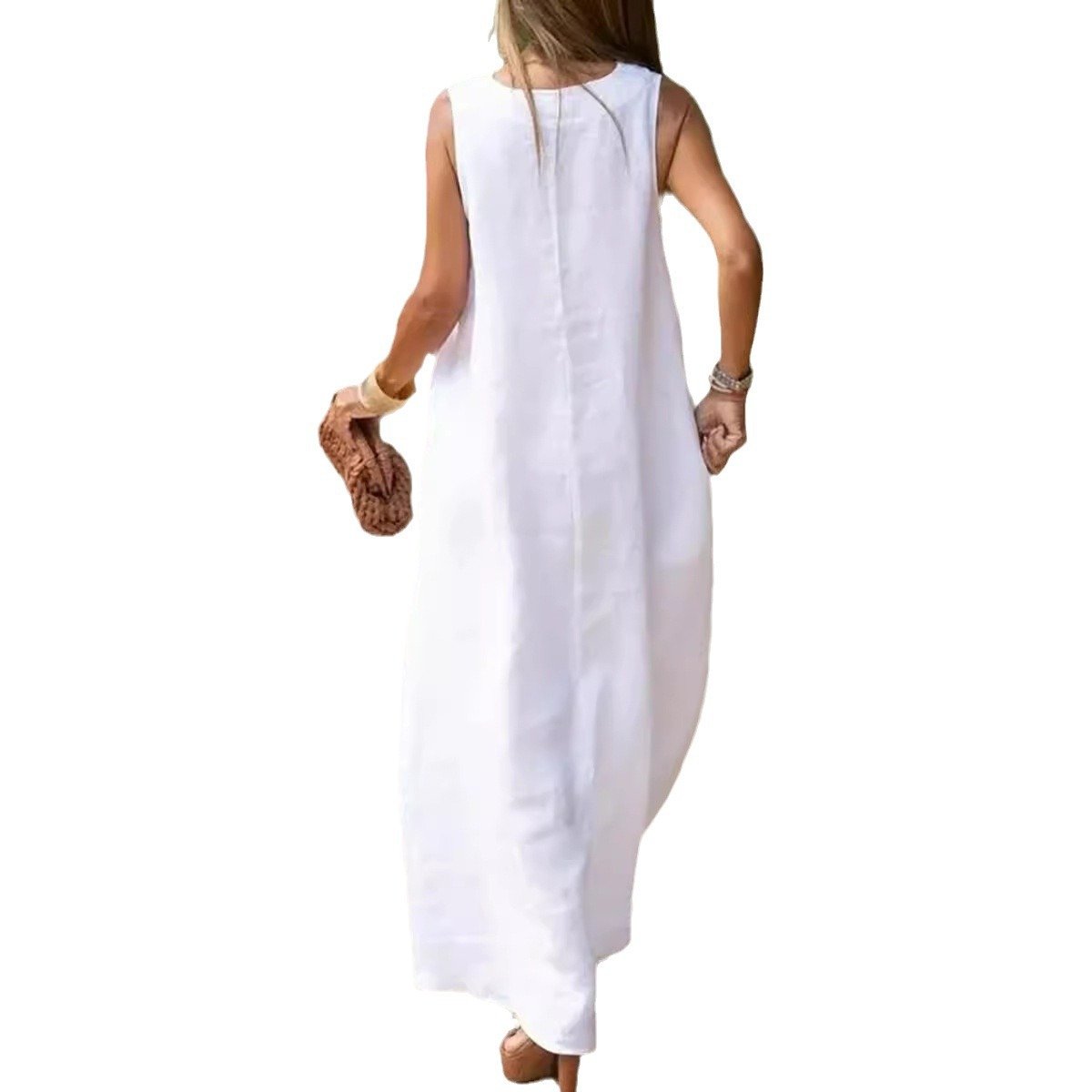 （30% Off Any Two Items）New Deep V-neck Sleeveless Long Solid Color Cotton Linen Dresses Casual