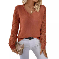 （25% Off Any Two Items）Solid Color V-Neck Mesh Sleeve Knit Pullover Sweater