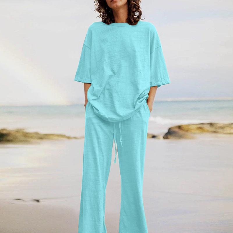 (🔥30% off any two items)Fashion Women's 2-Piece Set 2024 Summer Casual Belt Pocket Suit Half Sleeve O-Neck Top And Wide Leg Pants Suit