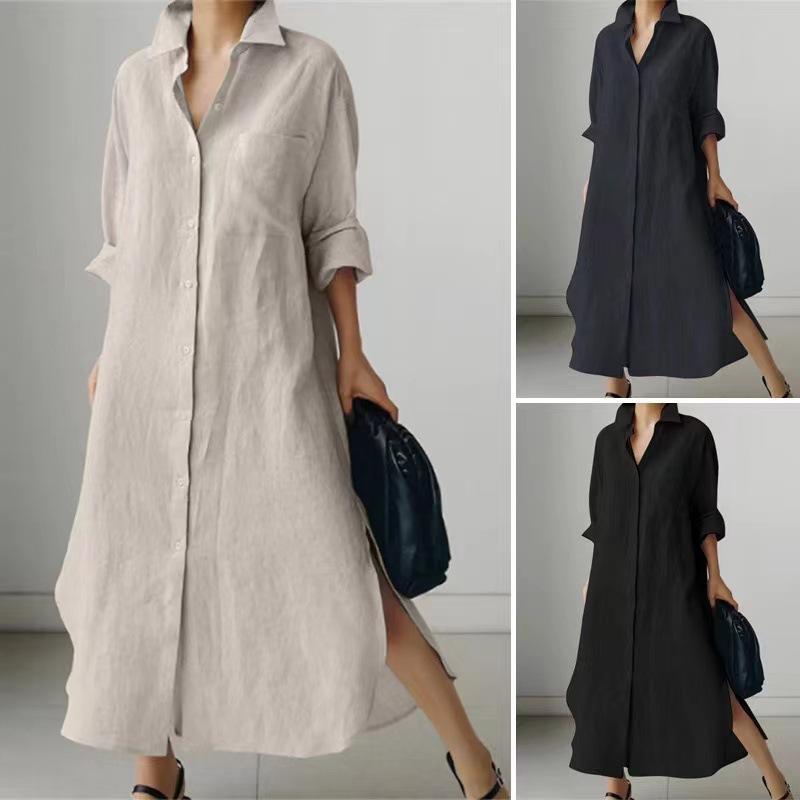 （30% Off Any Two Items）New Solid Color Long Sleeve Cardigan Casual Loose Irregular Split Cotton Linen Long Dresses