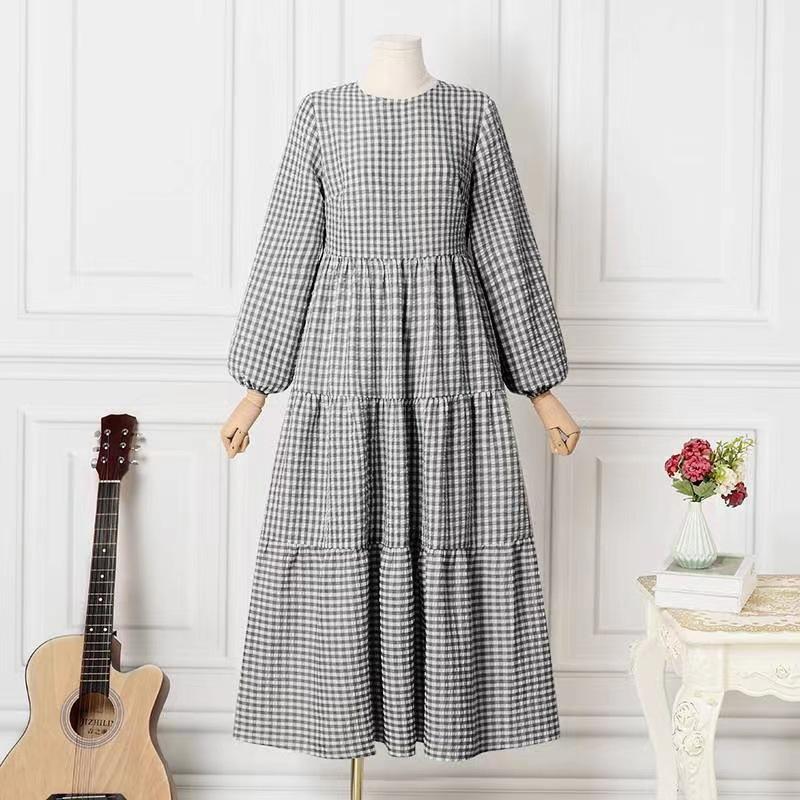 （30% Off Any Two Items）New Plaid Long Sleeve Round Neck Loose Waist Casual Dresses